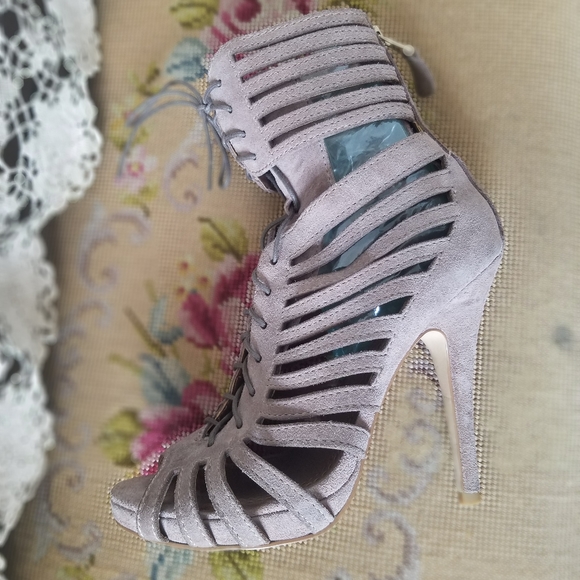 Brown Suede Laced Caged Heels - Picture 6 of 10